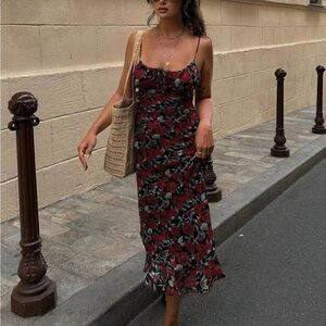 Commense Red and Black Floral Midi Dress